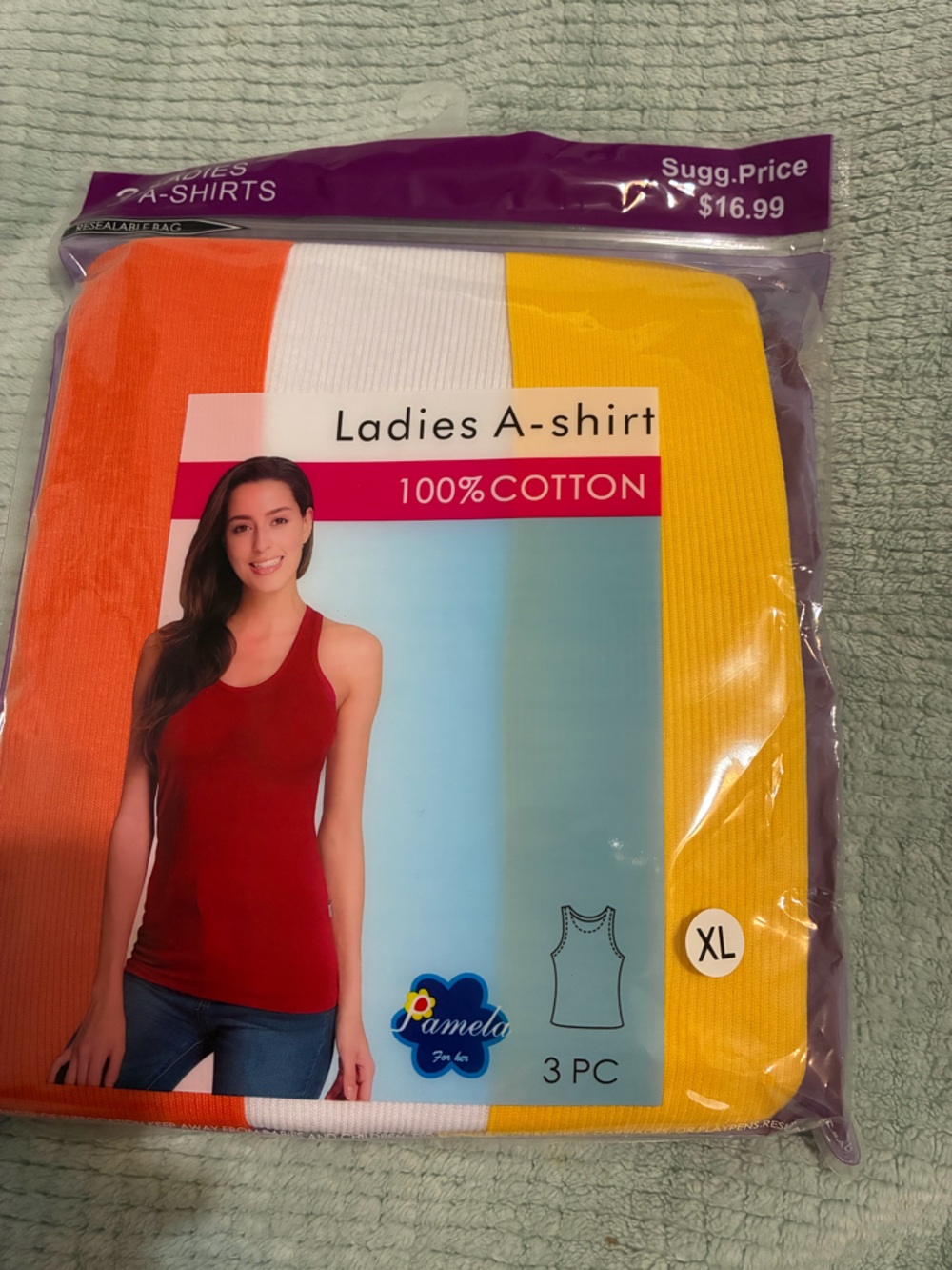 Ladies A-Shirt 3-Pack Cotton Tank Tops - Orange, White, Yellow, size XL